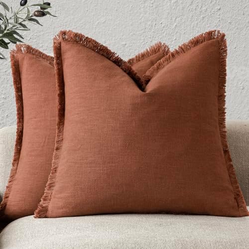 Foindtower Decorative Linen Fringe Throw Pillow Covers 24×24 Rust Orange by Foindtower