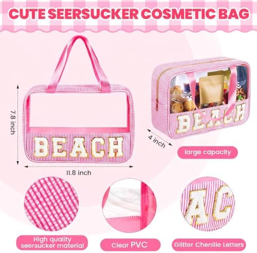 Sanwuta Seersucker Beach Bag Chenille Letter Clear Sunscreen Makeup Bag - Image 2