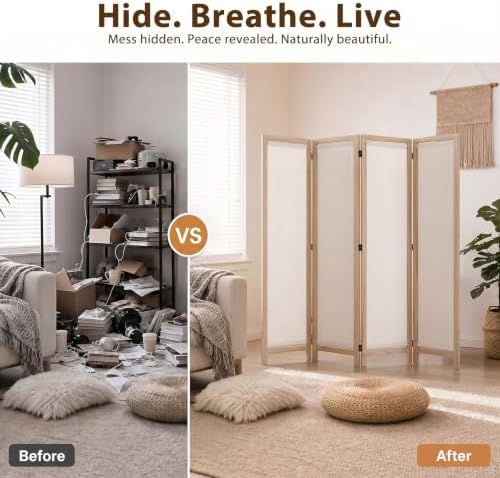 Wood Room Divider Panel with Linen Fabric, Boho Folding Privacy Screen 67" - Image 4