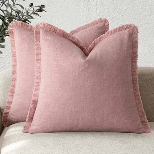 Foindtower Decorative Linen Fringe Throw Pillow Covers 18×18 Inch, Rose Pink by Foindtower