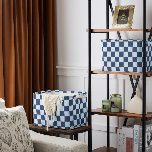 Ohocut Navy Blue Checkered Canvas Basket, Rectangular Organizing Decorative - Image 3