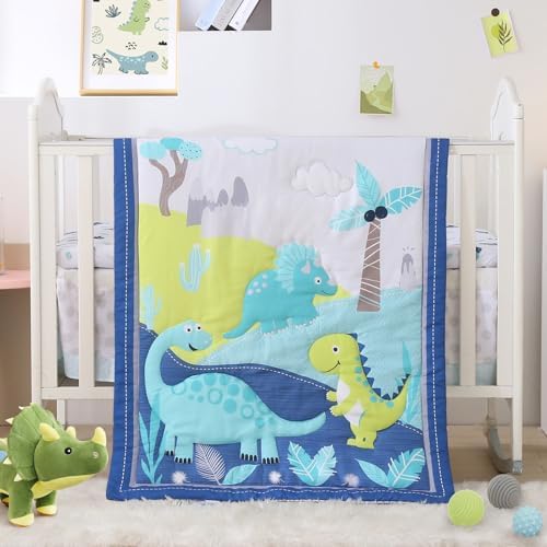 Dinosaur Mini Crib Bedding Set for Boys Blue Premium 3-Piece Baby Bedding Sheet by WOWELIFE