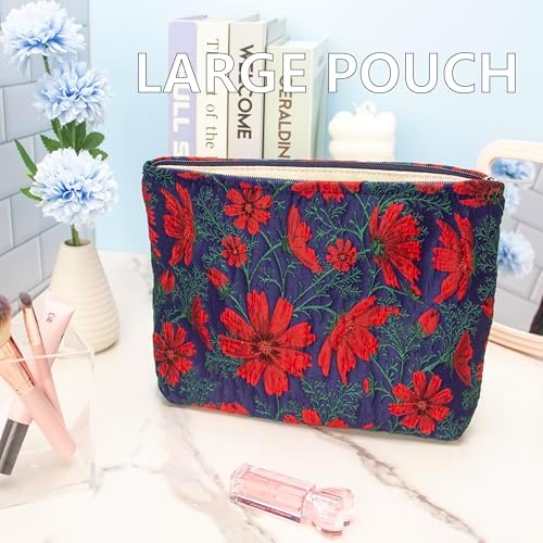 Flat Makeup Bag for Women, Zipper Cosmetic Pouch for Purse, Brocade Navy Blue - Image 2