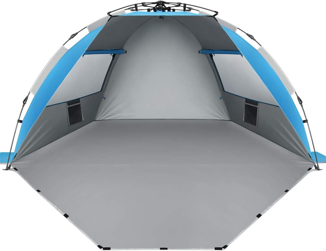 Oileus X-Large 4 Person Beach Tent Sun Shelter - Portable Sun Shade Instant Tent for Beach with Carrying Bag, Stakes, 6 Sand Pockets, Anti UV for Fishing Hiking Camping, Waterproof Windproof, Blue