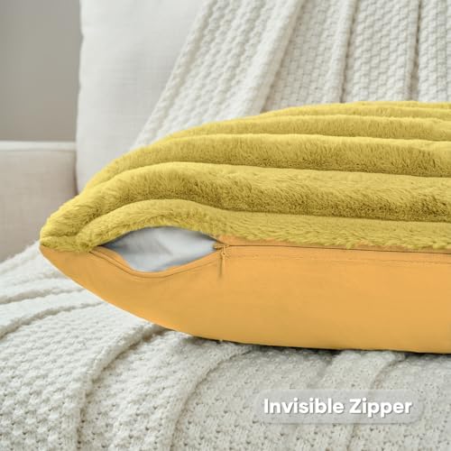 FUTEI Pack of 2 Faux Fur Throw Pillow Covers 24x24 Inch, Mustard Yellow - Image 3
