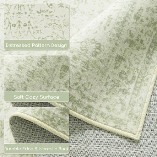 Sage Green 2x6 Runner Rug for Bathroom Washable Vintage Boho Floral Rugs - Image 3
