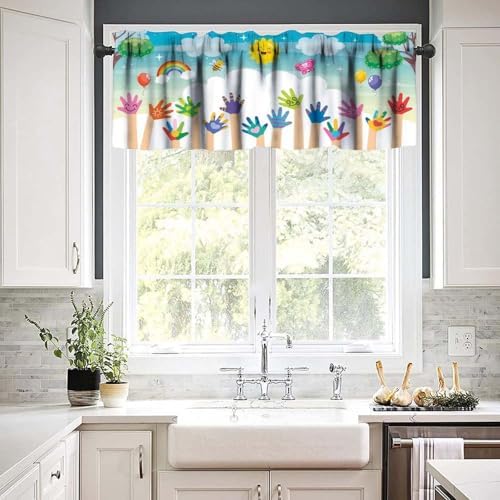 Kids Valance Curtain Colorful Rainbow Sun Puzzle Paint Handprint Bee Sun - Image 4