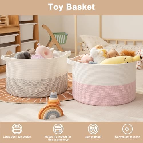 OIAHOMY 90L XXXLarge Blanket Basket Living Room Laundry Basket White&Pink - Image 3