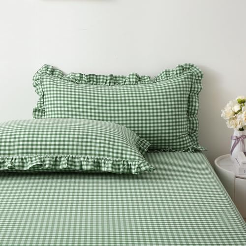 2 Pack Christmas Green White Plaid Ruffle Gingham King Size Pillow Shams - Image 7