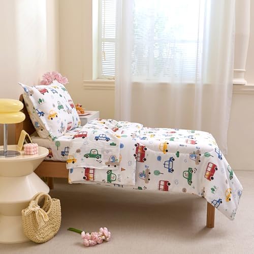 Caressma White Cars 4 Pieces Toddler Bedding Set Bed-in-a-Bag Comforter - Image 5