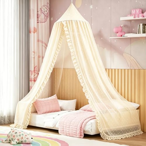 Mengesi Bed Canopy with Pom Pom- Lace Chiffon Canopy Bed Curtains, Ruffles - Image 3