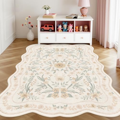 Scalloped Floral Rug 5x7, Neutral Beige Washable Non Slip Area Rug - Image 2
