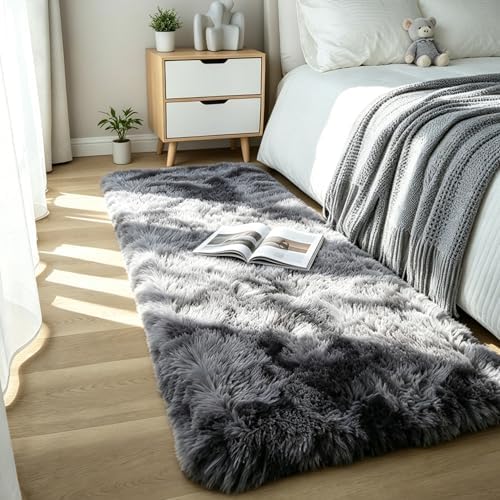 Tie-Dye Dark Grey Shag Runner Rug, Washable Non Slip Fluffy Carpet by KICHOWUA