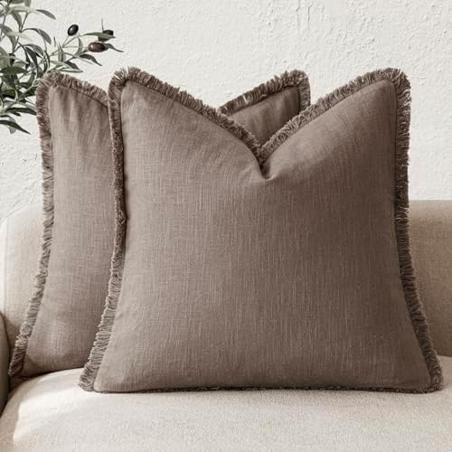 Foindtower Decorative Linen Fringe Throw Pillow Covers 18×18 Light Coffee by Foindtower