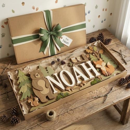 Personalized Woodland Baby Name Sign, Custom Forest Bear Fox Owl Nursery Wall - Image 4