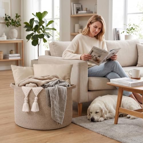 90L Extra Large Blanket Basket, Woven Rope Laundry Basket-Brown - Image 4