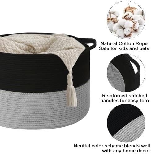 65L Large Blanket Basket, Woven Laundry Basket-Black&Light Grey - Image 3