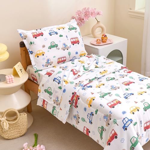 Caressma White Cars 4 Pieces Toddler Bedding Set Bed-in-a-Bag Comforter - Image 4