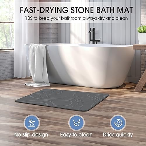 VEELOIM Stone Bath Mat, Diatomaceous Earth Bath Mat, Shower Mat Grey - Image 3