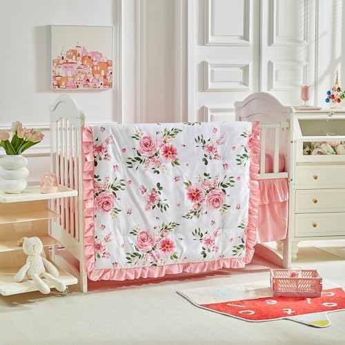 3 Pieces Flowers Mini Crib Bedding Set Baby Ruffled Quilted Comforter - Image 5