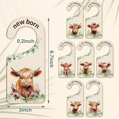 Whaline 8 Pcs Baby Closet Size Dividers Watercolor Highland Cow Hanging Wood - Image 2