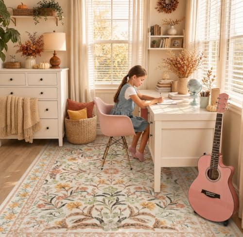 Lahome Orange Floral Area Rugs 8x10, Fall Washable Rugs - Image 3