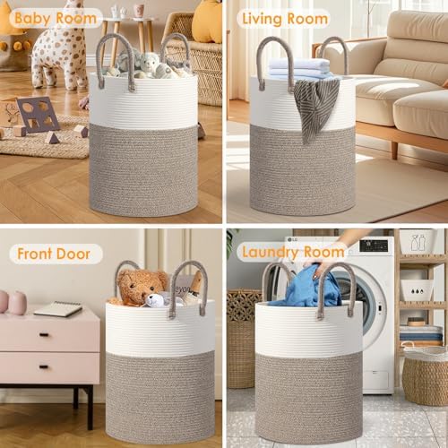 Large Woven Laundry Basket Hamper, 100L Cotton Rope Storage Bin - Image 3
