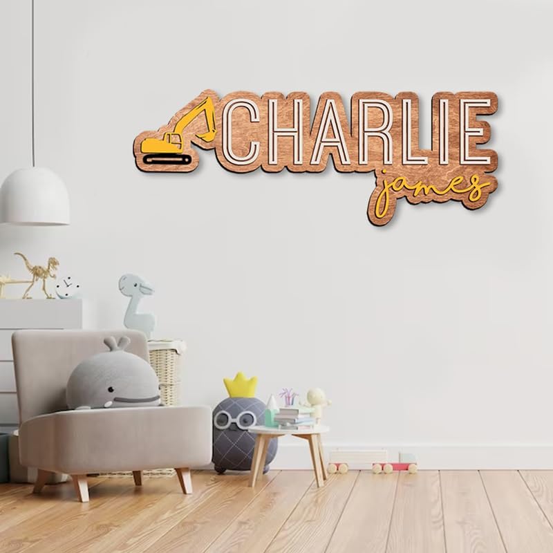 Custom baby name sign, Excavator truck decor - Image 3
