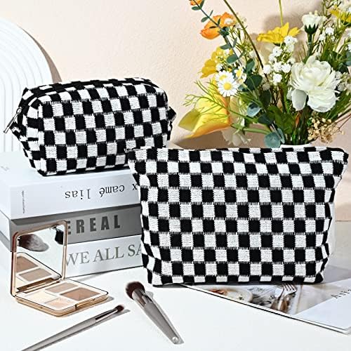 SOIDRAM 2 Pieces Black Makeup Bag Large Checkered Cosmetic Bag Capacity Canvas - Image 2