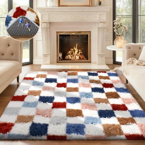 Ophanie Checkered Rainbow Rug for Living Room Bedroom, Colorful Fluffy Soft by Ophanie
