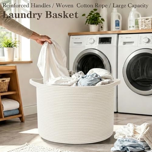 90L Large Blanket Basket, Rope WovenLaundry Basket-White - Image 5