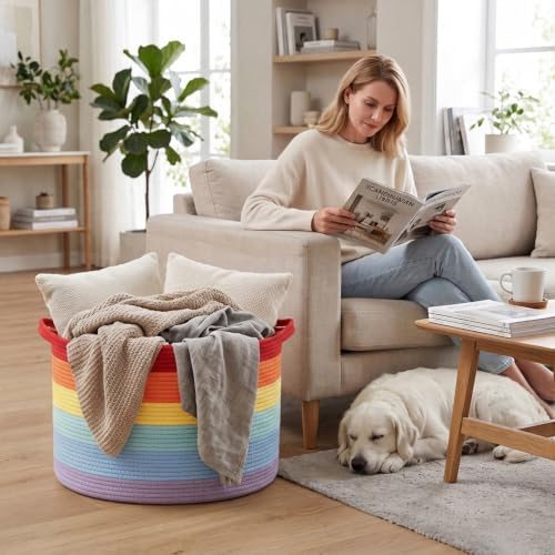 65L Large Blanket Basket, Rope Woven Laundry Basket-Rainbow - Image 4