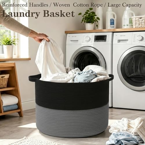 65L Large Blanket Basket, Woven Rope Laundry Basket-Black&Dark Grey - Image 5