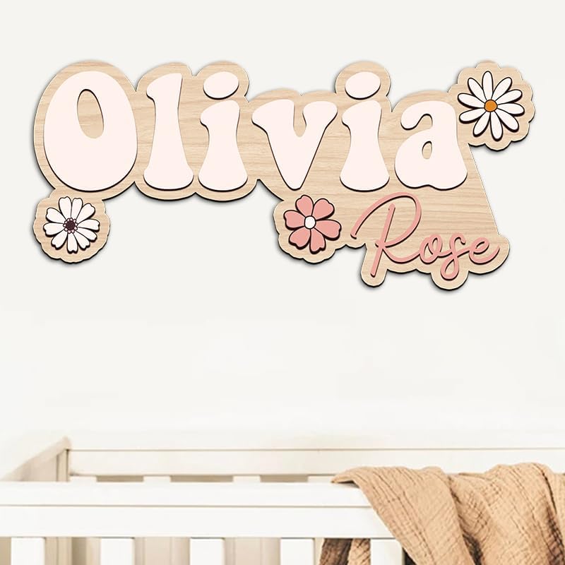 Personalized Name Sign For Nursery, Custom wooden name sign, Boho floral name by IZI+POD