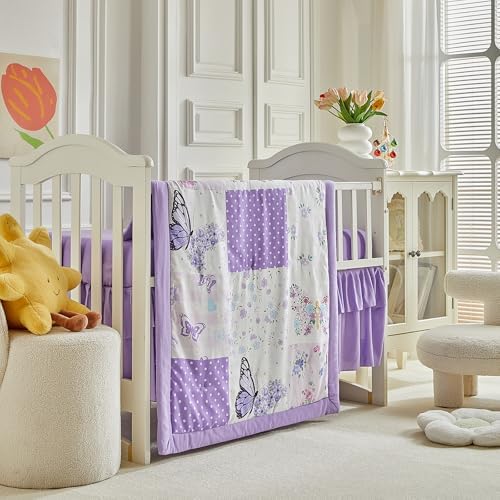 Patchwork Crib Bedding Set Butterfly Plaid Floral Design 3 Pieces Baby Girl - Image 3