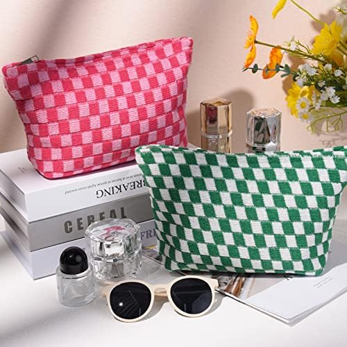 SOIDRAM 2 Pieces Makeup Bag Large Checkered Cosmetic Bag Capacity Canvas Travel - Image 2