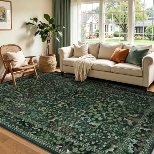 Dark Green Woodland Area Rug 6x9, Tree of Life Floral Animal Print Washable Rug by Jainmy