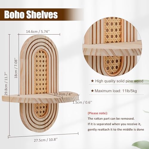 Artilady Boho Shelf Wall Decor Rattan Wood Floating Shelves Srorage Display - Image 2