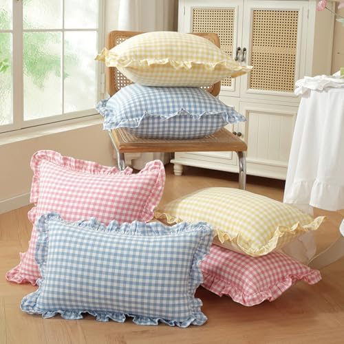 Set of 2 Light Blue and White Ruffle Throw Pillow Covers 18x18 Inch, Gingham - Image 4