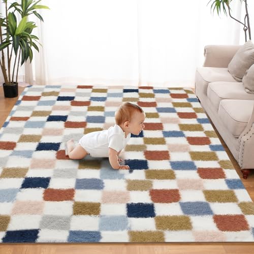 Super Soft Rug for Bedroom, 5x7 Ft Rainbow Area Rug Classic Checkered Shaggy by TOOHUB
