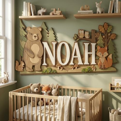 Personalized Woodland Baby Name Sign, Custom Forest Bear Fox Owl Nursery Wall - Image 5