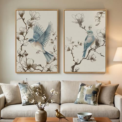 Framed Vintage Chinoiserie Botanical Floral Bird Wall Art Set, 24x36 In by Cuspin