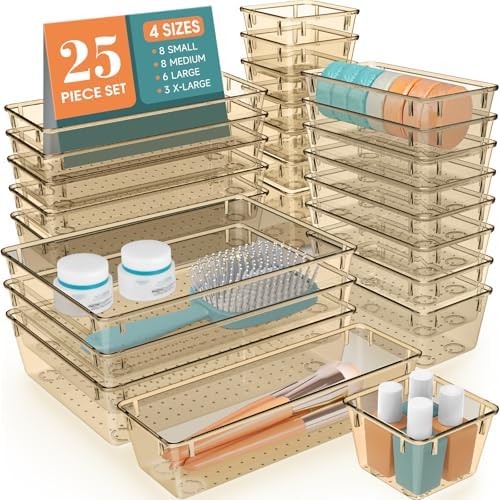 25 PCS Plastic Drawer Organizer Set, Makeup Organizers and Storage Bins by WOWBOX