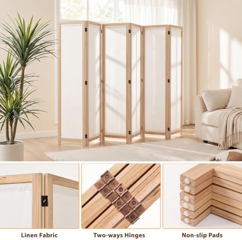 Wood Room Divider Panel with Linen Fabric, Boho Folding Privacy Screen 67" - Image 2