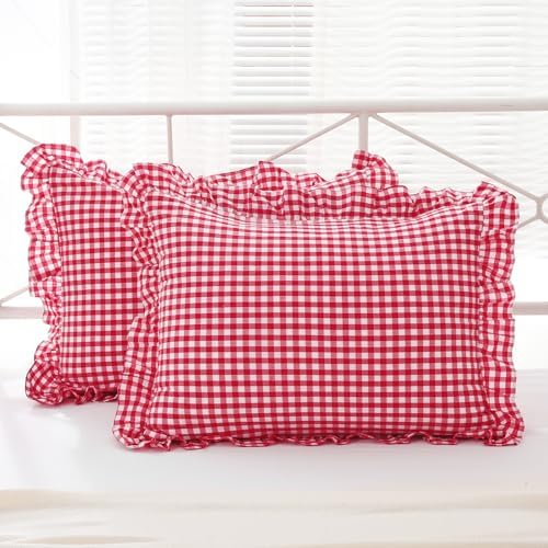 2 Pack Red White Gingham Ruffle Pillow Shams King Size 20"x36" by KMASANIJI
