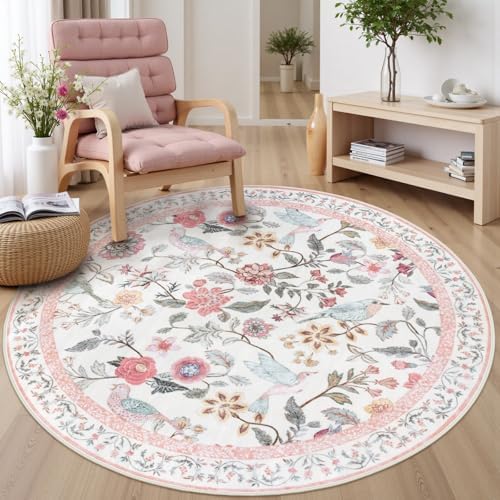 Rugalia Pink Floral Round Rugs 5ft, Washable Boho Circle Rug by Rugalia