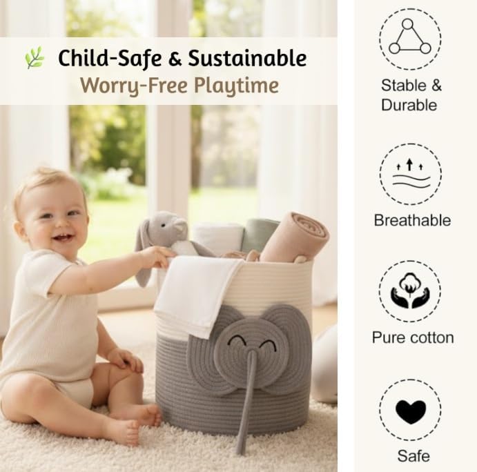Collapsible laundry baskets for Kids, 25L Woven Cotton Rope Bin - Image 4