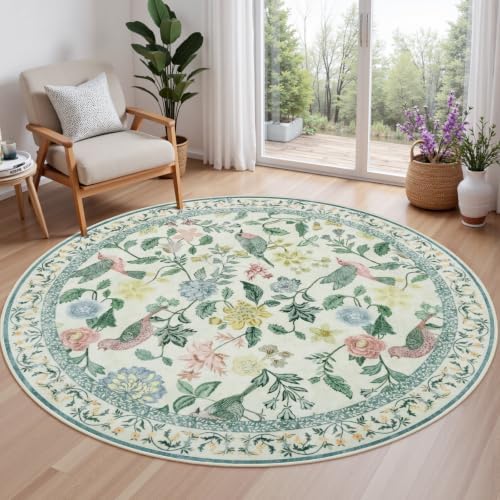 Rugalia Green Floral Round Rugs 4ft, Washable Boho Circle Rug by Rugalia