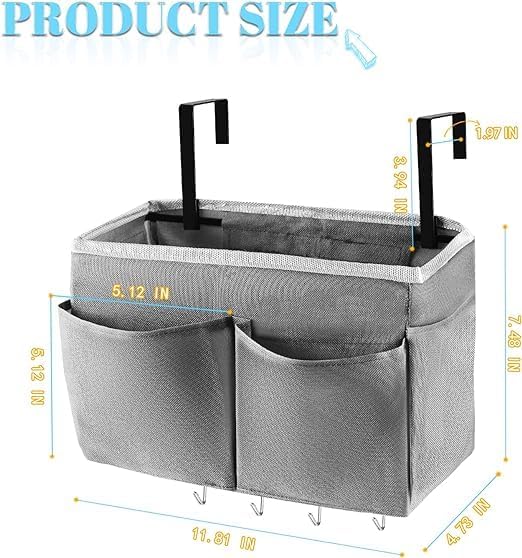 Bedside Caddy Organizer 5 Pockets 4 Hooks Bunk Bed 2Pack Grey - Image 2