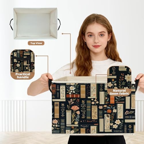 Dark Floral Book Storage Box Bins, Bookish Reading Lover Gifts Collapsible - Image 2